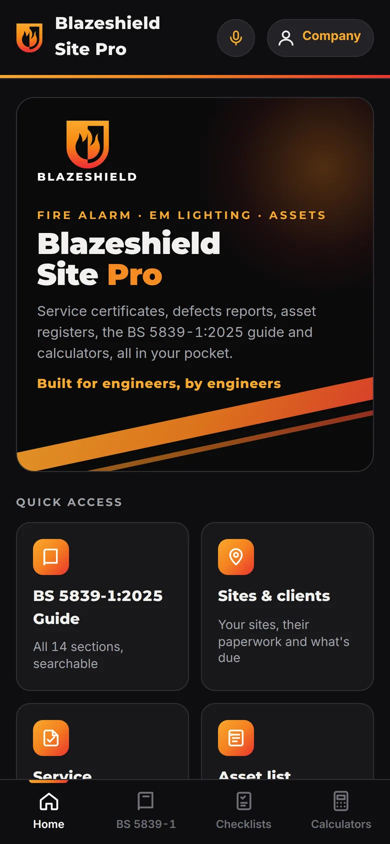 Blazeshield Site Pro home screen